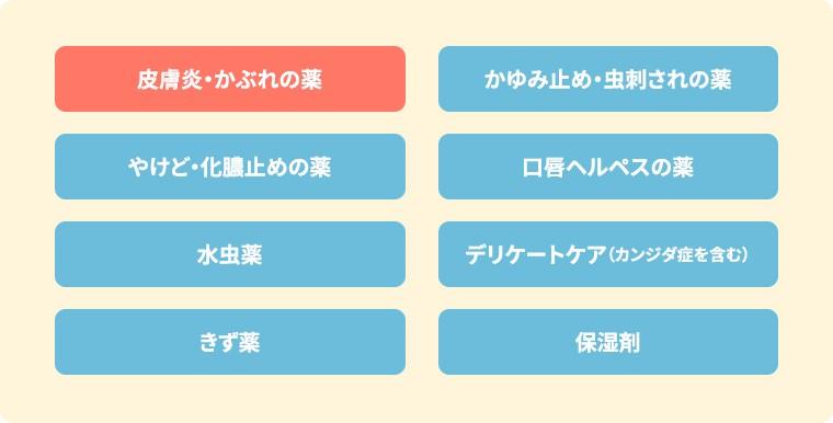 皮膚炎・かぶれの薬 かゆみ止め・虫刺されの薬 やけど・化膿止めの薬 口唇ヘルペスの薬 水虫薬 デリケートケア（カンジダ症を含む） きず薬 保湿剤
