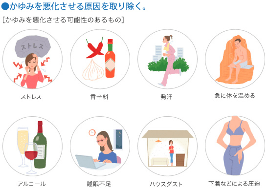 かゆみを悪化させる可能性のあるものは以下のものです。ストレス、香辛料、発汗、急に体を温めること、アルコール、睡眠不足、ハウスダスト、下着などによる圧迫